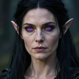 highly detailed close up, elder ring, portrait photo of female forest elf black hair, purple eyes, black dress, with scar dramatic light, 8 k, by william didier