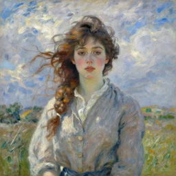 oil portrait of beautiful woman outside on a windy and sunny day, dramatic clouds, intense colors, by monet, van gogh, thomas cole, renoir
