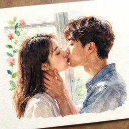 hyper realistic watercolor panting on paper, in academic style, of lover kissing by the decorated window. beautiful lighting. flowers. clear face. subsurface scattering shiny skin. beautiful lighting, 4 k post - processing, trending in art station, cg society, highly detailed, 5 k extremely detailed, 3 d. cinematic scene. sharp image.