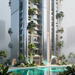 highly detailed futuristic vertical architecture by Richard Rogers, reflective lighting, stylized vegetation, ground-level view, puddles of turquoise water, foggy atmosphere, stunning sunny lighting, sunrise, vivid colors, in the style of pixar animation, trending on Artstation, 8k, matte painting, ray tracing, hyper detailed, unreal engine 5, cinematic, epic lighting, cryengine, octane render, cyberpunk, red and orange glow, vibrant