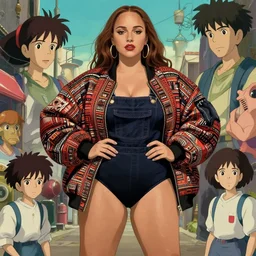 a beautiful plus sized model japanese natalie portman, alluring, brown skin, wearing oversized mayan bomber jacket and leotard with overalls, bulky poofy bomber jacket with mayan patterns, aztec street fashion, gapmoe yandere grimdark, trending on pixiv fanbox, painted by greg rutkowski makoto shinkai takashi takeuchi studio ghibli, akihiko yoshida