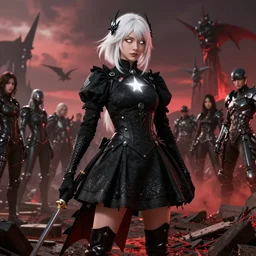 a realistic detail of a battlefield,  pretty dragon huntress dress black clock, has white hair and white eyes, shining star,  by Wolp, Sparth, Mark Brooks, Brad Kunkle, Vincent di fate, Paul-chadeisson, Dylan Cole, Jin Kim,Denis Villeneuve, Ben Nicholas, Anton Fadeev, thomas kinkade, rutkowski, Finnian MacManus, Syd Mead, Tsutomu Kitazawa, Trending on artstation, black and red scheme, 8k, Unreal Engine 5