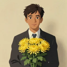 artwork by Michael Whelan, Bob Larkin and Tomer Hanuka, of a solo individual portrait of an Indian guy with chrysanthemum roses, dapper, simple illustration, domestic, nostalgic, full of details, by Makoto Shinkai and thomas kinkade, wes anderson, wes anderson, wes anderson, wes anderson, wes anderson, Matte painting, trending on artstation and unreal engine