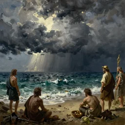 the storm on the sea of galilee, oil - on - canvas painting, close - up, elegant, volumetric lighting, scenery, digital painting, highly detailed, artstation, sharp focus, illustration, concept art, by rembrandt van rijn, 1, storm