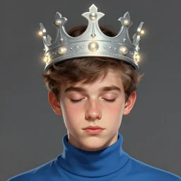 portrait of teenage jughead jones wearing a light grey crown, crown, light grey crown, blue turtleneck, 1 9 5 0 s, closed eyes, intricate, elegant, glowing lights, highly detailed, digital painting, artstation, concept art, smooth, sharp focus, illustration, art by wlop, mars ravelo and greg rutkowski