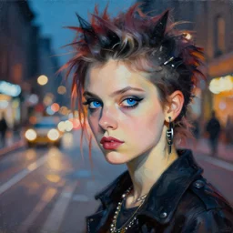 detailed portrait of a punk girl with blue eyes in the city street at night, bokeh, long exposure, painting by enki bilal christopher doyle