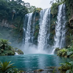 ultrarealistic photo, wallpaper, cosmic alien waterfalls, plants, and lake, insanely detailed and intricate, natural day lighting, pictures of landscapes, turquoise water, worm red light, few red trees,
