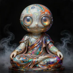 a baroque neoclassicist sci - fi portrait of a colorful chrome marble being meditating with big glowing eyes. iridescent textures. glowing fog, black background. highly detailed fantasy science fiction painting by moebius, norman rockwell, frank frazetta, and syd mead. rich colors, high contrast, artstation