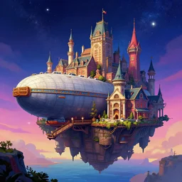 scifi airship docked at a floating victorian era city, dnd illustration, colorful, vibrant, starry sky