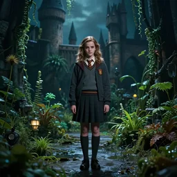 emma watson as hermione granger, wearing school uniform, alone, in an empty dark flooded hogwarts castle overgrown with aquatic plants
