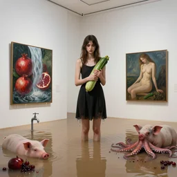 art gallery flooded, painting of a tall emo girl holding a courgette in a flooded art gallery, paintings on the wall, pomegranates, waterfall, dripping faucet, pigs, octopus, berries, zen, sensual, surrealist, by magritte and monet