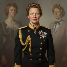 hyperrealistic full body portrait of gro harlem bruntland, highly decorated uniform, portrait, highly detailed, hyperrealistic, digital painting, artstation, concept art, smooth, sharp focus, illustration, cinematic lighting, art by artgerm and greg rutkowski and alphonse mucha
