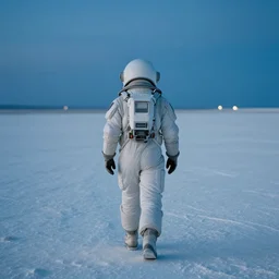 a photograph of one explorer wearing a white futuristic suit with helmet from behind, walking in a vast and empty landscape of white volcanic soil. blue hour. nolan style. movie still. cinematic! shot. cinematography detailed. hq. in - frame. imax. anamorphic film. anamorphic bokeh!!!. helios 4 4 m.