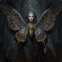 portrait of an ominous looming moth angel at a dark shrine, oil on canvas, experimental gothic style, perfect detailed symmetrical face, mood lighting, dramatic, ornate, elegant, detailed, prominent intricate wings, concept art, trending on artstation, javascript enabled