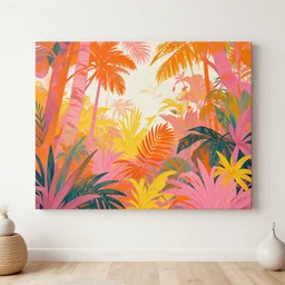 wall art in the style of suzie zuzek, tropical, jungle, pink on orange on yellow on white,