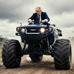 Boris Johnson riding a monster truck, Greg Rutkowski, Tragic