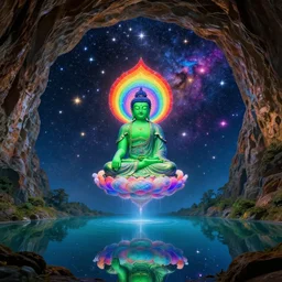 the most beautiful star system, sky full of brightly coloured starts, inside of an expansive cave, green tara buddha with a crown of rainbow clouds, floating above a clear mirrored lake, coherent design, symmetrical, vivid color, complementary color, golden ratio, detailed, sharp lines, intricate, rainbowshift, by in unreal engine, nvidia, octane render