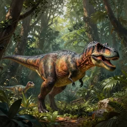 a detailed painting of a tyrannosaurus rex dinosaur walking through a lush prehistoric forest, walking with dinosaurs, Jurassic Park