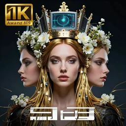 hyperrealist portrait of a symmetrical beautiful queen 2 0 4 4 space sport engineer, her head is decorated with long gold wires and white flowers that fall like vines and wears a huge computer crown by roberto ferri, fantasy art, photo realistic, dynamic lighting, unreal engine rendered, artstation, poster, dramatic light, very detailed symmetrical faces, - 8 k, award winning