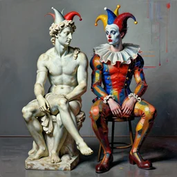 portrait of two morphed harlequin sitting on a stool by robert mapplethorpe and michelangelo and bernini and james jean and luc tuymans and vincent lefevre and hernan bas and pat steir and hilma af klint, digital paint, glitch, psychological, dripping paint, 8 k high quality render, altermodern, masterpiece