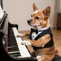 dog playing the piano wearing a tuxedo, photorealistic digital art