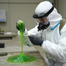 a male hazmat soldier researching an green ooze, photgraphy