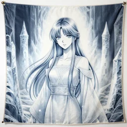 priestess of the ice temple. embroidered tapestry by the award - winning mangaka, bloom, chiaroscuro, backlighting, depth of field.