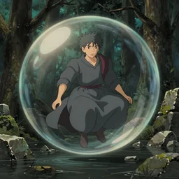 pov hyperrealist, dull colors, interior shot from howls moving castle 2 0 0 4 of a grey monk levitating inside a cubic bubble in a flooded woodland stonehenge pyramid. bubble.