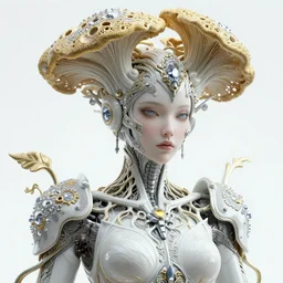 intricate higly detailed and realistic textured ultra sharp focus 3 d render of a beautiful porcelain cyberpunk woman portrait, cinematic medium shot portrait, bright light, unity of mood, white silver armor, haute couture huge fractal gold mycelum and crystal pore fungi embroidered head ornaments, alexandre ferra mecha, leaves stems filigree roots, subsurface scatter lumiol, gundam, art nouveau, octane render, volumetric cinematic lighting, 8 k, vray tracing