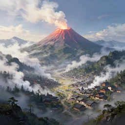 a powerful japanese village high in mountains, fanart artstation global illumination rtx hdr fanart arstation 3 d, volcano, mystical power steam covering landscape, concept art by greg rutkowski and laurie greasley, fantastic landscape, 8 k, cinematic color grading