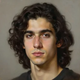 portrait of a young italian male, dark shoulder length very curly hair, round nose, thick eyebrows, closeup portrait, elegant, highly detailed, oil painting, artstation, concept art, matte, sharp focus, illustration, hearthstone, art by earl norem