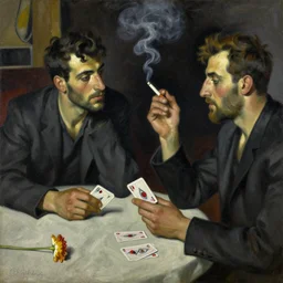 oil painting in the style of john craxton. sailors in the shadows of jazz club. cretan. forearm. talking. cheekbones. looking. strong expressions on faces. smoke. holding cigarettes. playing cards. scratch. strong lighting. brush. single flower. in the style of ivon hitchins. seated figure hands on table. line drawing. high detail.