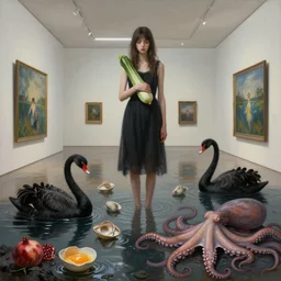 realistic painting of a flooded modern art gallery and a tall emo girl holding a courgette, interior of an art gallery, molluscs, black swans, lava, pomegranates, raw eggs, sensual, octopus, puddles, zen, surrealist, by magritte and kawase and monet