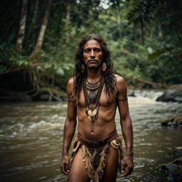 medium shot of tribal magician  man ,. background: jungle river, very heavy vignette!!!, dramatic dark ,1900s picture