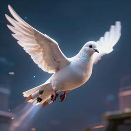 a cyber pigeon, with cameras and rockets, flying, octane render, cinematic lightning, artstation trending, 8k render