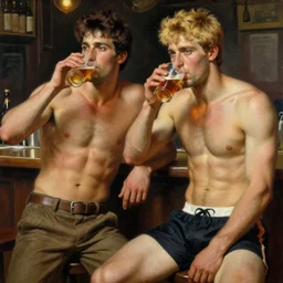 attractive muscular male with brunet hair and attractive muscular male with blond hair. pants and shorts, drinking their hearts out, in a pub, close shot, very defined and detailed painting by gaston bussiere, j. c. leyendecker, craig mullins 8 k