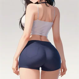 sexy girl with perfect shapely body, wearing a thin strap tanktop and tight shorts, seen from the back, in the style of greg rutkowski, anime artstyle, intricate, sharp colors