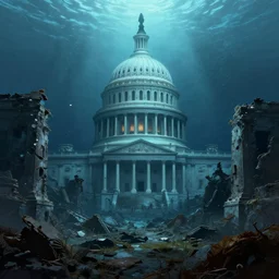 the underwater, submerged ruins of washington dc after world war iii, greg rutkowski, michal karcz, trending on artstation --height 1024
