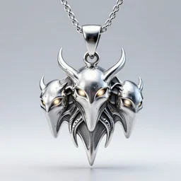 3 d silver beserk behelit pendant with glowing eyes, futuristic jewelry on wheat chain necklace, high definition, octane render, studio lighting