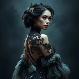 portrait of beautiful female model by irakli nadar wearing an intricate detailed avant garde dress design by rocky gathercole, haunting, elite, elegant, ruan jia, dark, hyper detailed, concept art, by gustav klimt,