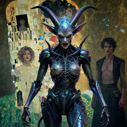 beautiful portrait of menacing and anxious biomechanical Djinn by charlie bowater, mandy jurgens, gustav klimt, octane render, iridescent, vaporwave, 4k, high detail, by tom bagshaw, powerful, with inspiration from Beksinski