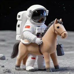 astronaut on the moon, astronaut is carrying a pony horse, backpack in the shape of the horse,