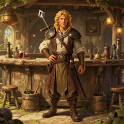 tavern keeper in a tavern, ultra detailed fantasy, dndbeyond, bright, colourful, realistic, dnd character portrait, full body, pathfinder, pinterest, art by ralph horsley, dnd, rpg, lotr game design fanart by concept art, behance hd, artstation, deviantart, hdr render in unreal engine 5