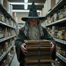 gandalf wearing a wizard hat, stacking supermarket shelves, cinematic lighting, gloomy, depressing