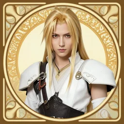 centered portrait, Sephiroth as a male D&D Ranger, blonde hair, Art Nouveau, beautiful retro Fantasy heroine 1985, intricate, elegant, highly detailed, centered, digital painting, trending on artstation, concept art, smooth, sharp focus, illustration, art by raphael lacoste, eddie mendoza, Mucha, alex ross, WLOP