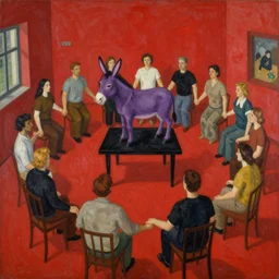 german expresionist painting of flat shapes representing a circle of people in a red bright room gathered around a pruple donkey standing over a black table. people are holding hands. wide angle lens effect. deformed perspective