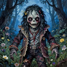 a pretty but sinister and creepy monster in layers of fear decoupage, with haunted eyes, wearing punk clothing, violence in his eyes, 1 9 7 0 s, seventies, delicate embellishments, a little blood, woodland, blue dawn light shining on wildflowers, painterly, offset printing technique, by brian froud and alexandre cabanel