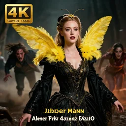 hyperrealistic portrait of high detail amber heard as a bee queen in ornate black robe yellow swan feathers as the mistress in fear being chased horror. by jeremy mann, fantasy art, photo realistic, dynamic lighting, artstation, poster, volumetric lighting, 4 k, award winning