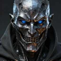 a menacing iron detailed male face made of steel wearing cloak strong jawline blue human eyes epic detailed and intricate digital painting trending on artstation by wlop octane render