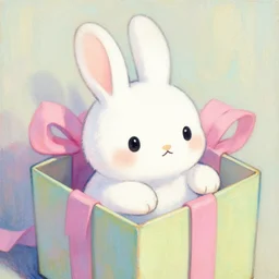 detailed illustration of a cartoonish white rabbit in a gift box, pastel colors, painting, shading, by rebecca guay